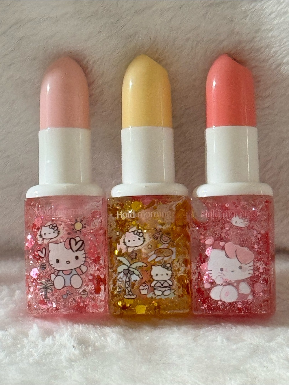 Hello Kitty Glitter Lipstick Trio - Pink, Yellow, Coral